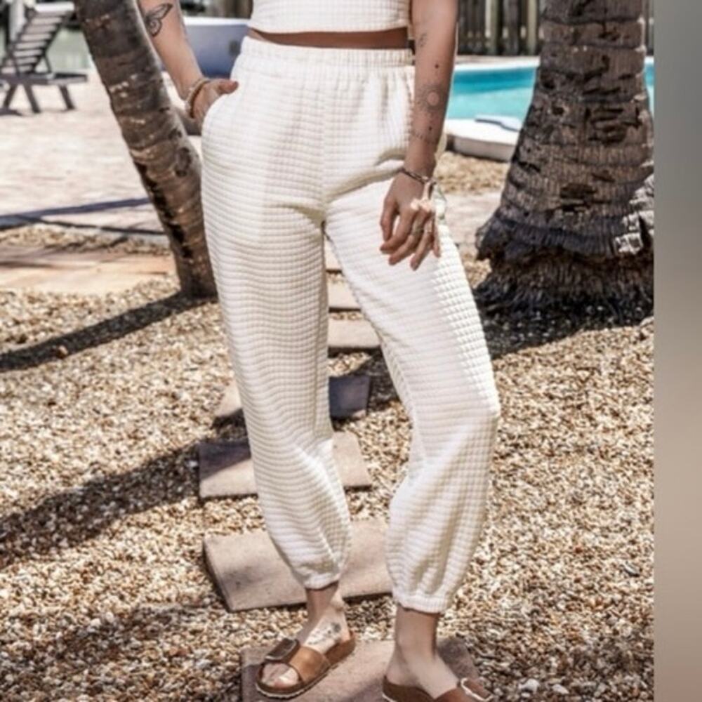 Cloud Ten Cream Elastic Waist Waffle Knit Lounge Jogger Cozy Comfy Pants